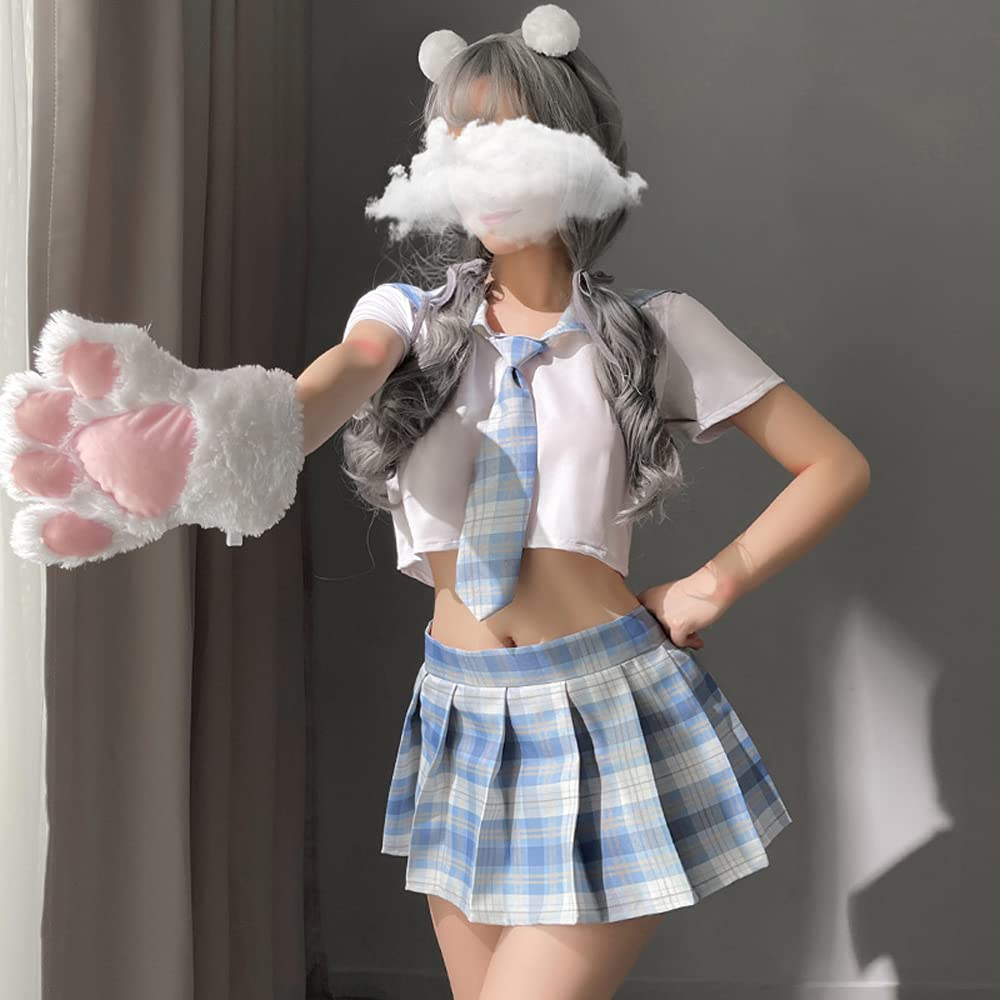 Schoolgirl Outfits Japanese Plaid Pleated Skirt JK Uniform Cosplay Lingerie: 7039white Blue