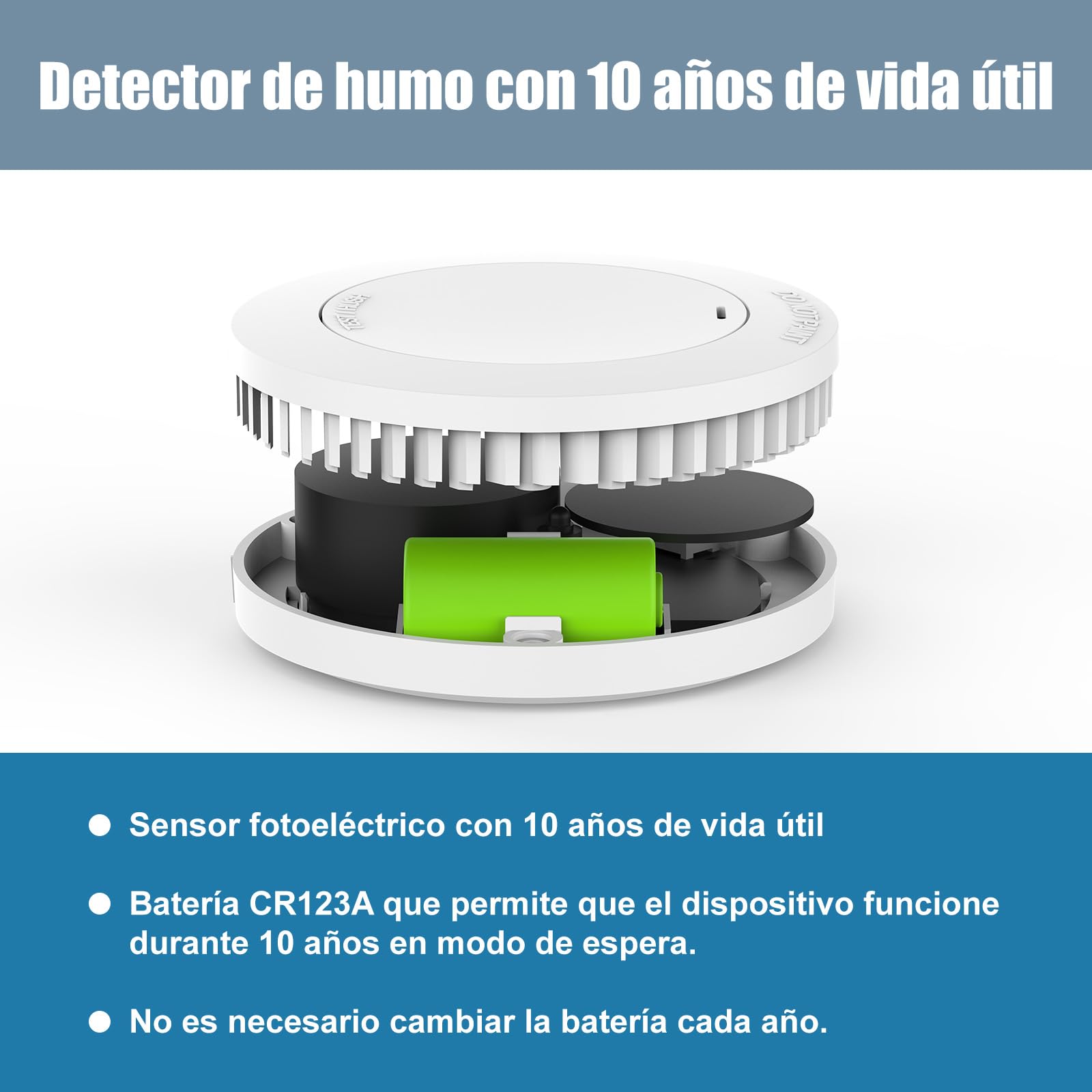Detector de Humo de 10 años con Soporte magnético, Detector de Incendios sin LED Parpadeante, Alarma Audible de 85 dB, función de Silencio, pequeña Alarma de Incendio Blanco, EN14604