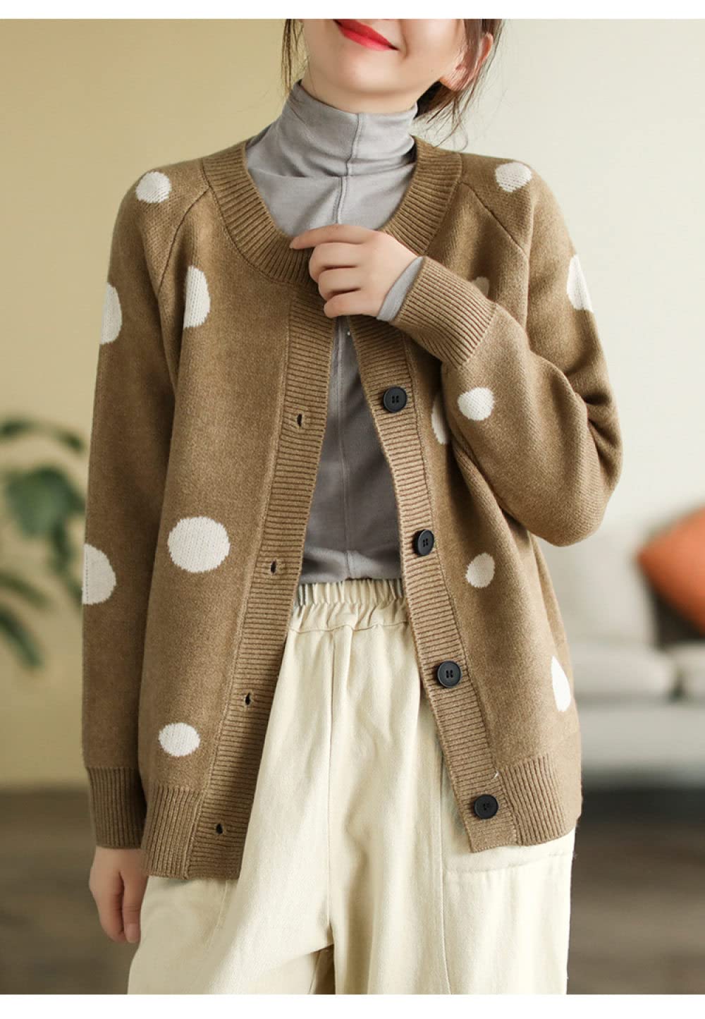 Chaquetas Basicas De Punto Mujer,Cárdigans De Punto Para Mujer Moda Lunares Marrones Jacquard Botón De Cuello Redondo Manga Larga Suéteres Delanteros Abiertos Cárdigan Otoño Suelto De Punto Sua