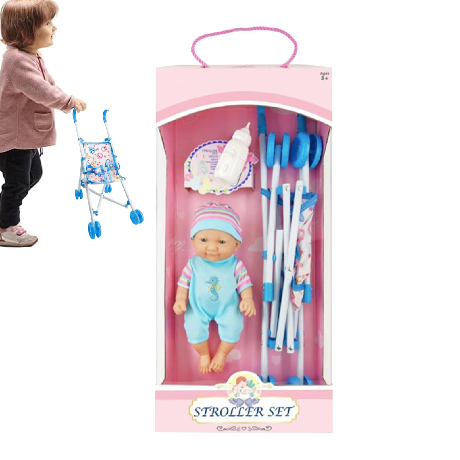 Modello leggero per passeggino per bambole - per carrozzina giocattolo | Passeggino pieghevole - Set di giocattoli per con capezzoli per bottiglia di per simulazione di neonato