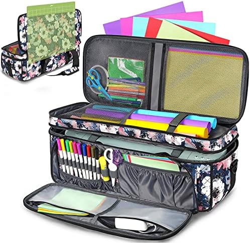Double-Layer Carrying Case for Cricut Maker, Maker 3, Explore Air 2, Explore 3, Die Cut Machine, Water Resistant Carrying Bag with Cutting Mat Pocket, Storage Tote Bag for Tools Accessories, Floral