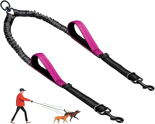 Miniatura 9 de Correa doble para perro, divisor sin enredos para dos perros, acoplador con cuerda de plomo larga ajustable, asas de control dual, elástico Rojo