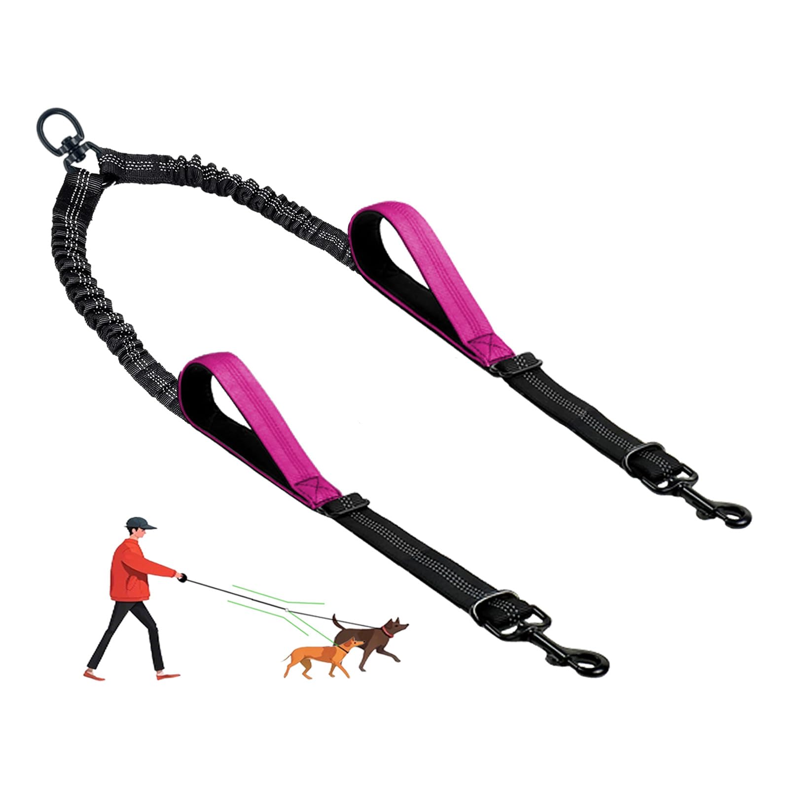 LEOSASA Double Dog Leash - No Tangle Splitter for Two Dogs, Coupler with Adjustable Long Lead Rope, Dual Control Handles, Retractable No Pull Bungee, Walk Train Small Medium Large 2 Pets (Fuchsia)
