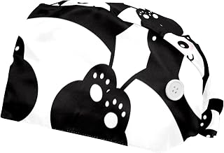 2 Pieces Working Hat with Buttons Adjustable Sweatband Bouffant Hats Unisex Tie Back Hats Cute Animal Panda Pattern