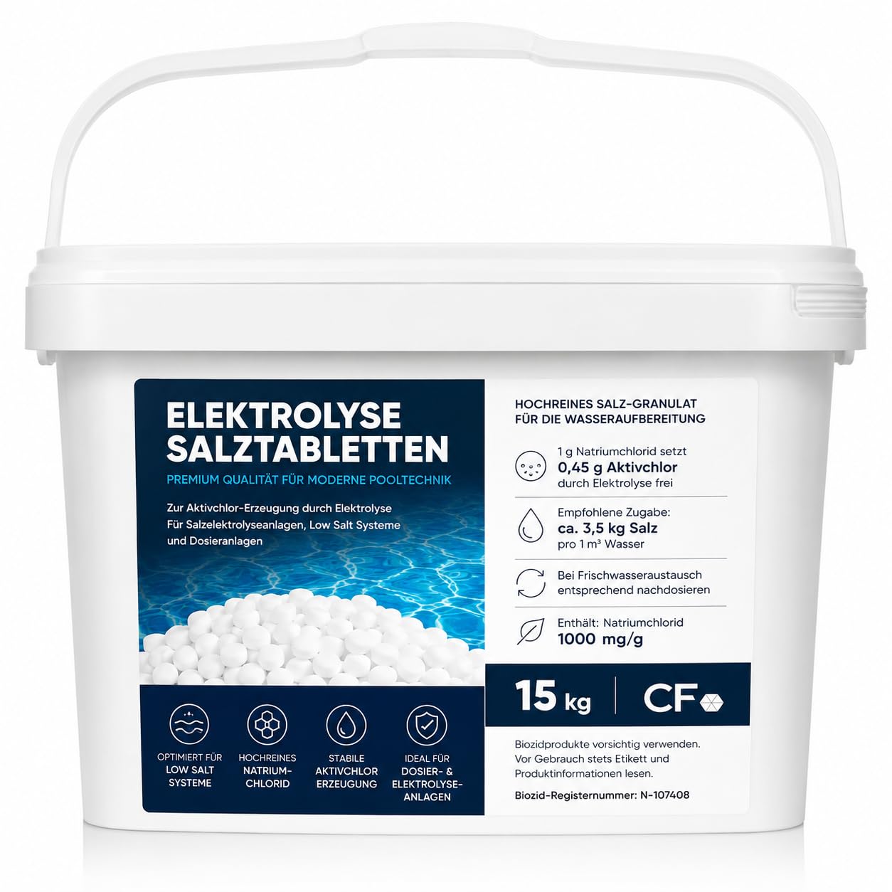 poolomio® Poolsalz 15 kg– Hochreine Premium Salztabletten für Salzelektrolyseanlagen, Low Salt Systeme & automatische Dosieranlagen – Für stabile Aktivchlor-Erzeugung