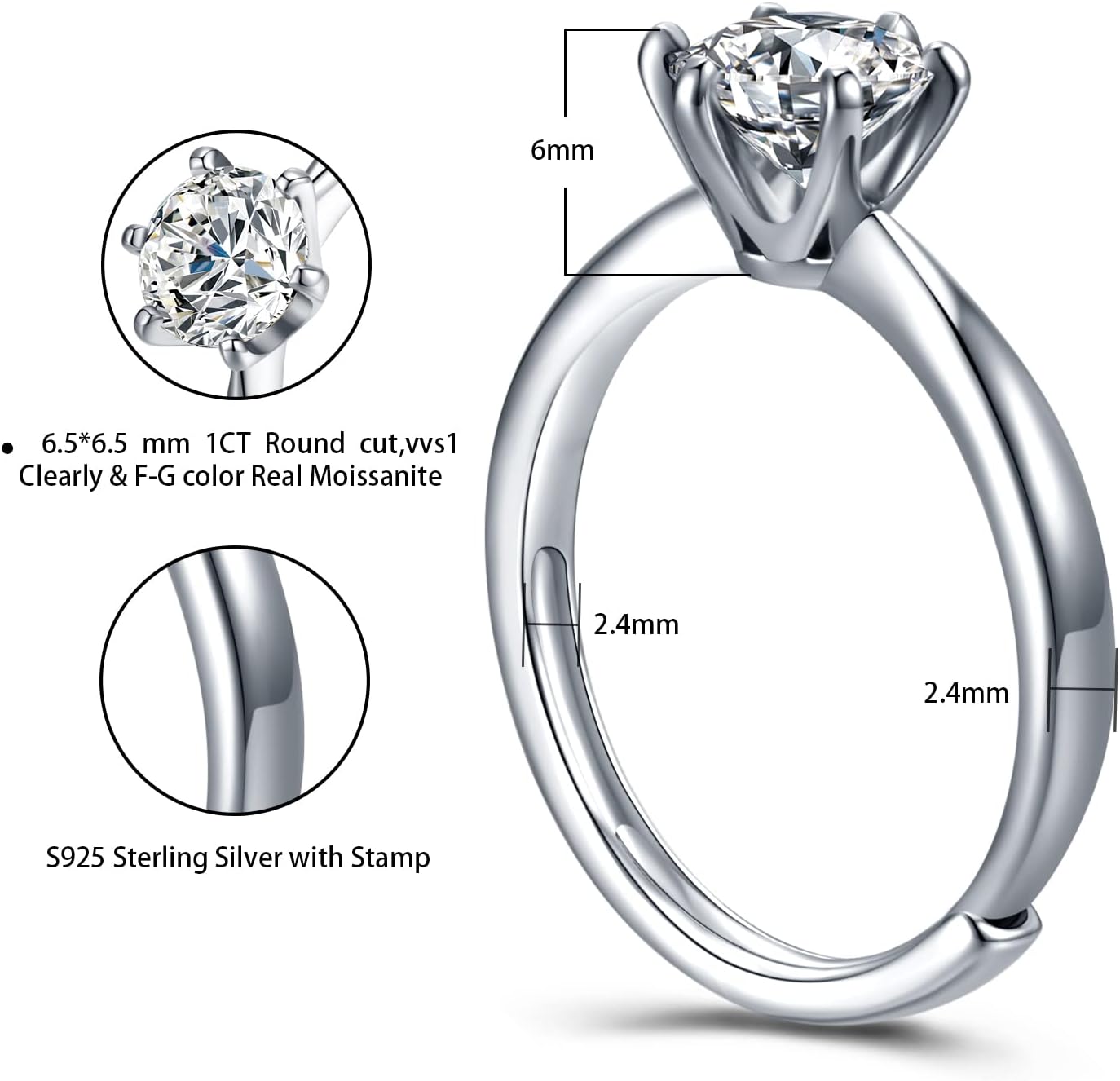 Atylyk 1 Carat Moissanite Adjustable Engagement Ring Wedding Promise 925 Sterling Silver Solitaire Rings for Women