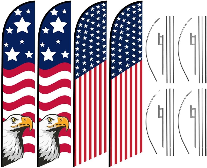 Pack of 4 - Tall Swooper Feather Flags American Glory US Banners 50 Stars on top & American Eagle Patriotic Design with 15ft Flag Pole Kits and Ground Stakes -Outdoor Advertising or Decoration Signs