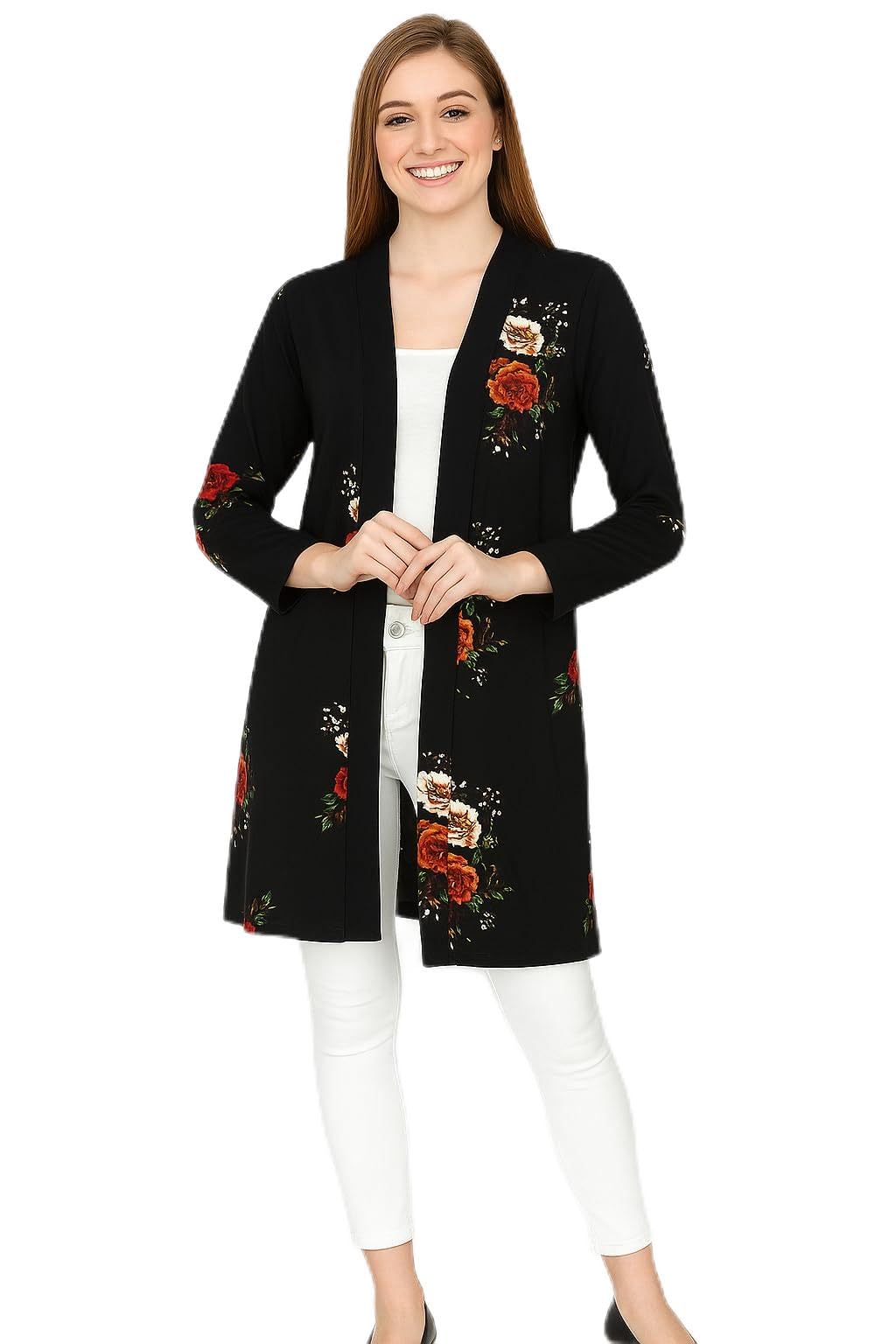 Black Floral Printed Long Shrug for Women
