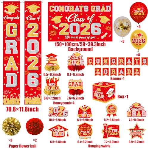 Image of Graduation Decorations Class of 2026 Red and Gold Graduation Decorations with Congrats Grad Banner,Backdrop,Porch Sign,Balloons,Hanging Swirls,Honeycomb Centerpieces,Box for Graduation Party Supplies