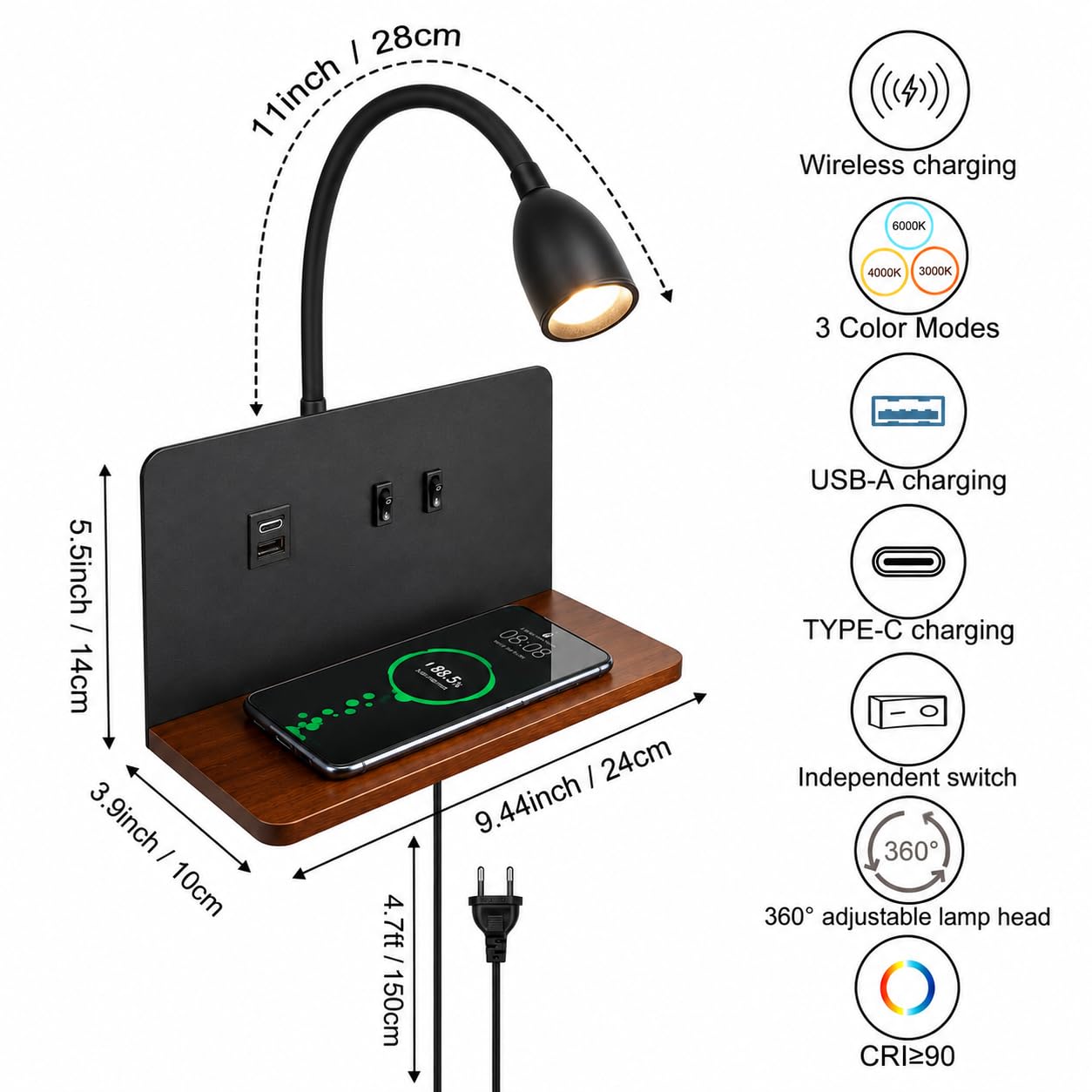 Schwarz LED Wandleuchte innen Holz Wandlampe schlafzimmer mit USB-A&USB-C Anschluss+15W Wireless Charger, Flexibler Schwanenhals Leselampe Bett 3 Farbtemperatur Modi, Bettlampe mit Stecker 1,5m Kabel