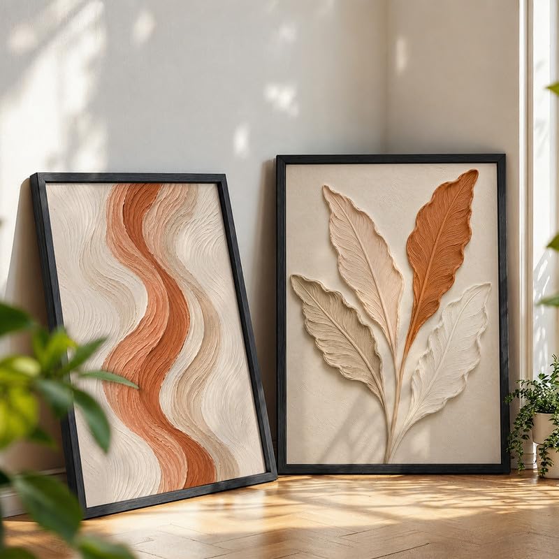 Image of NoWorries Textured Leaf Wall Painting Set of 2 with Frame | Terracotta Beige Abstract Line & Botanical Leaf Artwork, Modern Neutral Nature Wall Decor for Living Room, Bedroom, Office and Home Decoration (Art-12, 10x13inch)