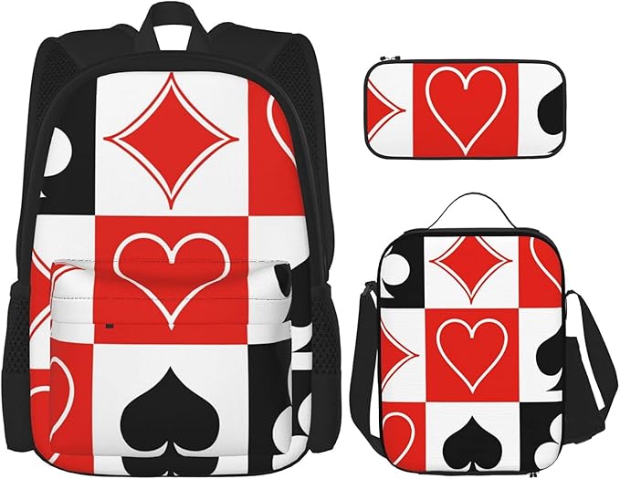 Grid Poker Playing Cards Backpack Set With Lunch Bag Pencil Case, Water