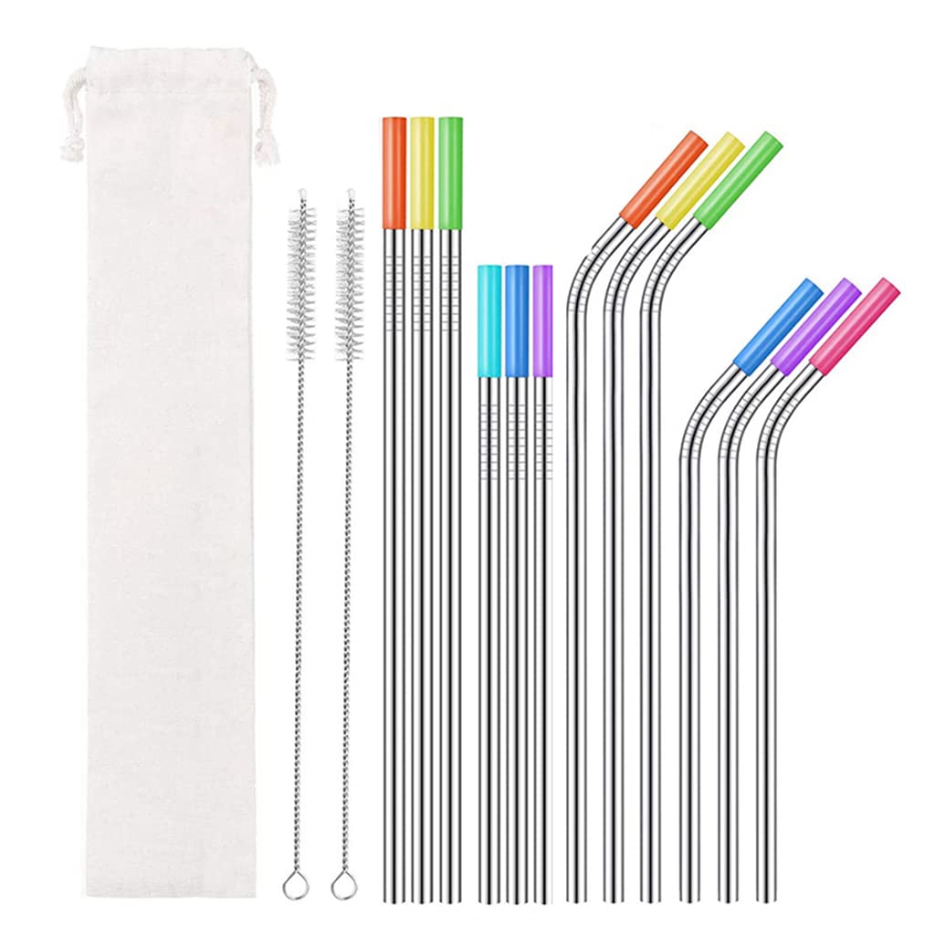 12 Pcs Stainless Steel Straws, Reusable Metal Drinking Straw Set with Color Silicone Tips, Clean Brush & Cloth Bag, Straight & Bent Straws, Foodgrade Straws for Stanley 40/30 oz Cup Tumbler