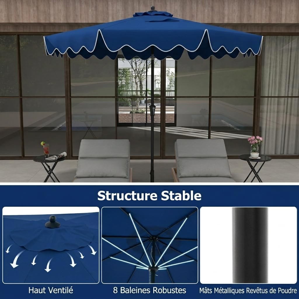 GOPLUS Parasol de Jardin Exterieur, 2,8M Parasol Inclinable 25° avec Manivelle, Toile Protection UV, 8 Baleines, Double Toit, pour Balcon Terrasse Patio, Base Non Incluse (Bleu)