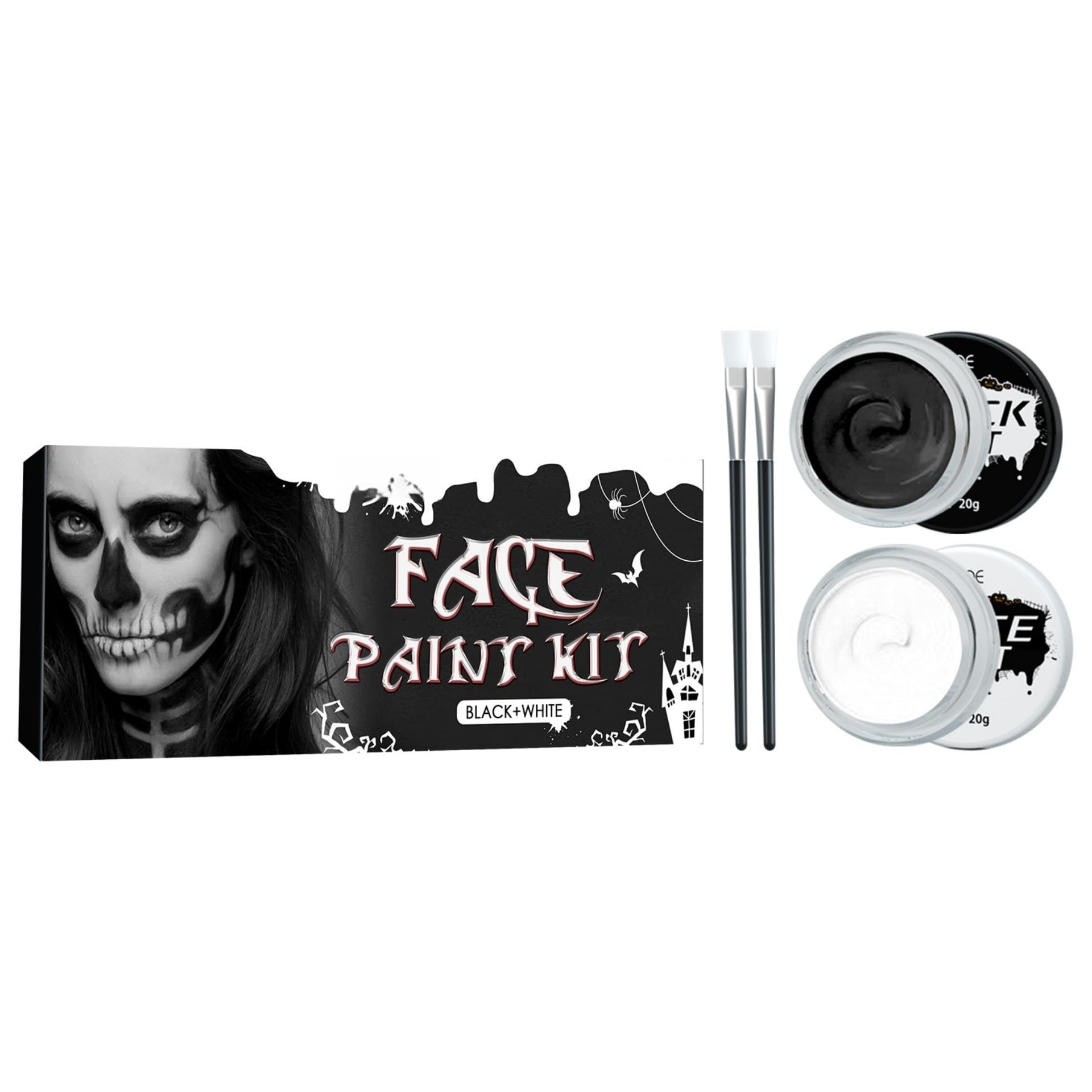 Special Effects Makeup Paint for Costume Parties Such as Skull or Black and White Face Paint, Long-Lasting Easy-to-Apply and Blend Highly Pigmented, White paint*1+black paint*1+brush*2