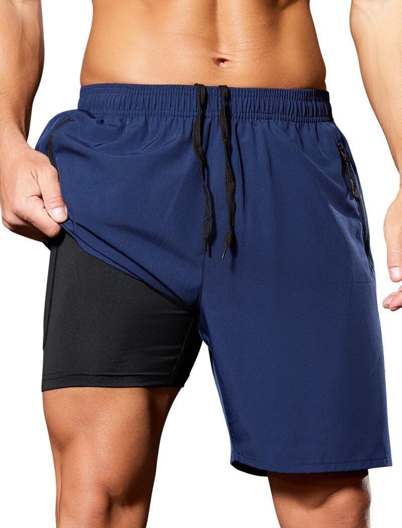 SILKWORLD Quick Dry Men's 2 in 1 Running Shorts with Zip Pocket 7" Workout Gym Athletic Shorts Lightweight Training Shorts