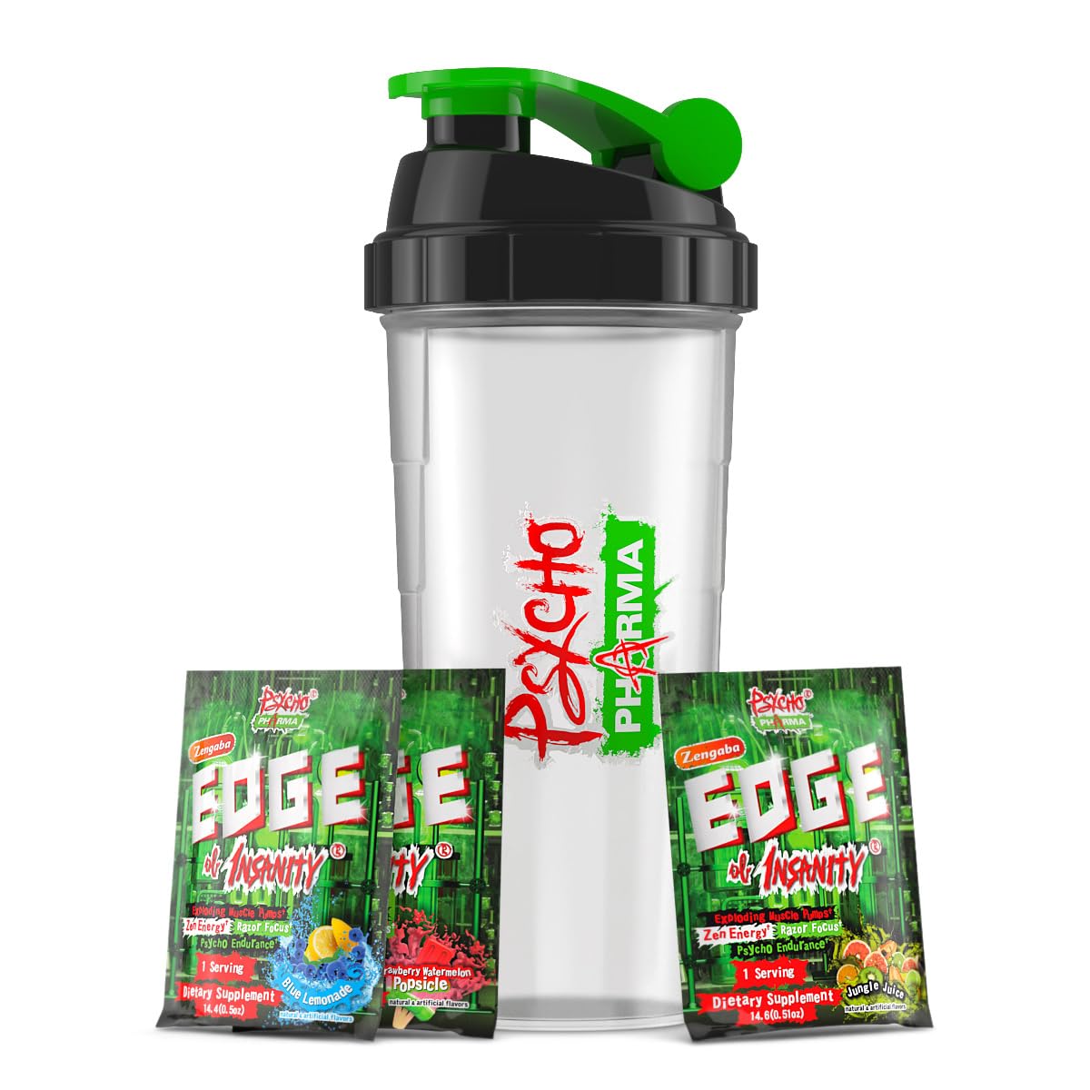 Psycho Pharma Edge of Insanity Pre Workout – Strongest High Stim Powder for Intense Pumps, Strength, Energy & Focus – 3 Sample Flavors + Free Shaker Cup (Jungle Juice, Blue Lemonade, Strawberry)