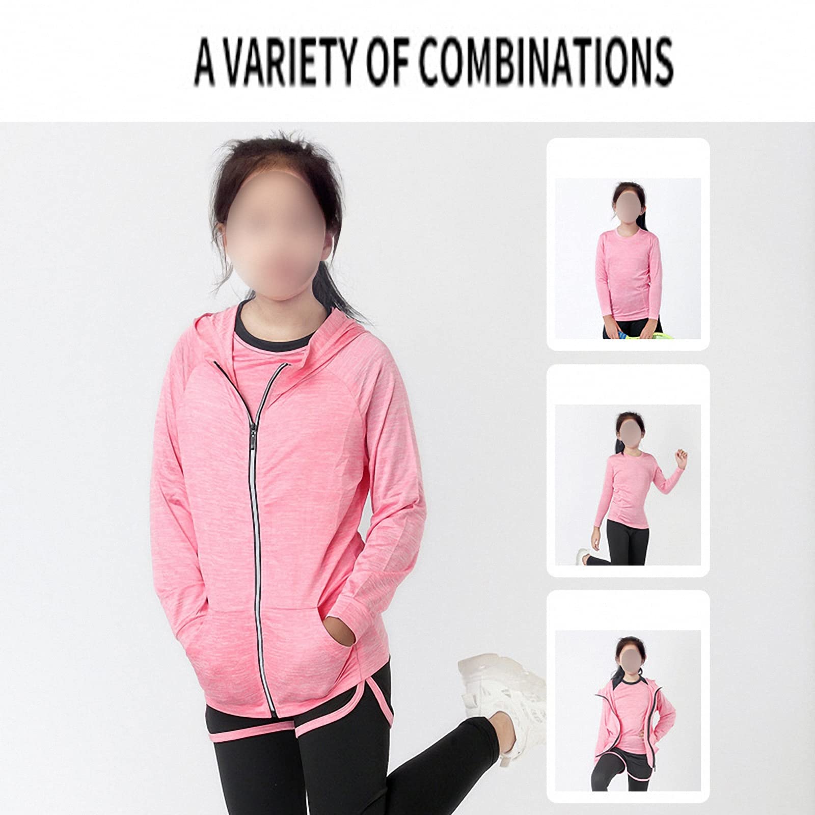 Ropa Deportiva de Fitness 5 Piezas,Traje de Chaqueta con Capucha para Correr de Yoga para niñas,Conjuntos de Entrenamiento de Baile,pantalón de Mallas de Secado rápido,Pink,170