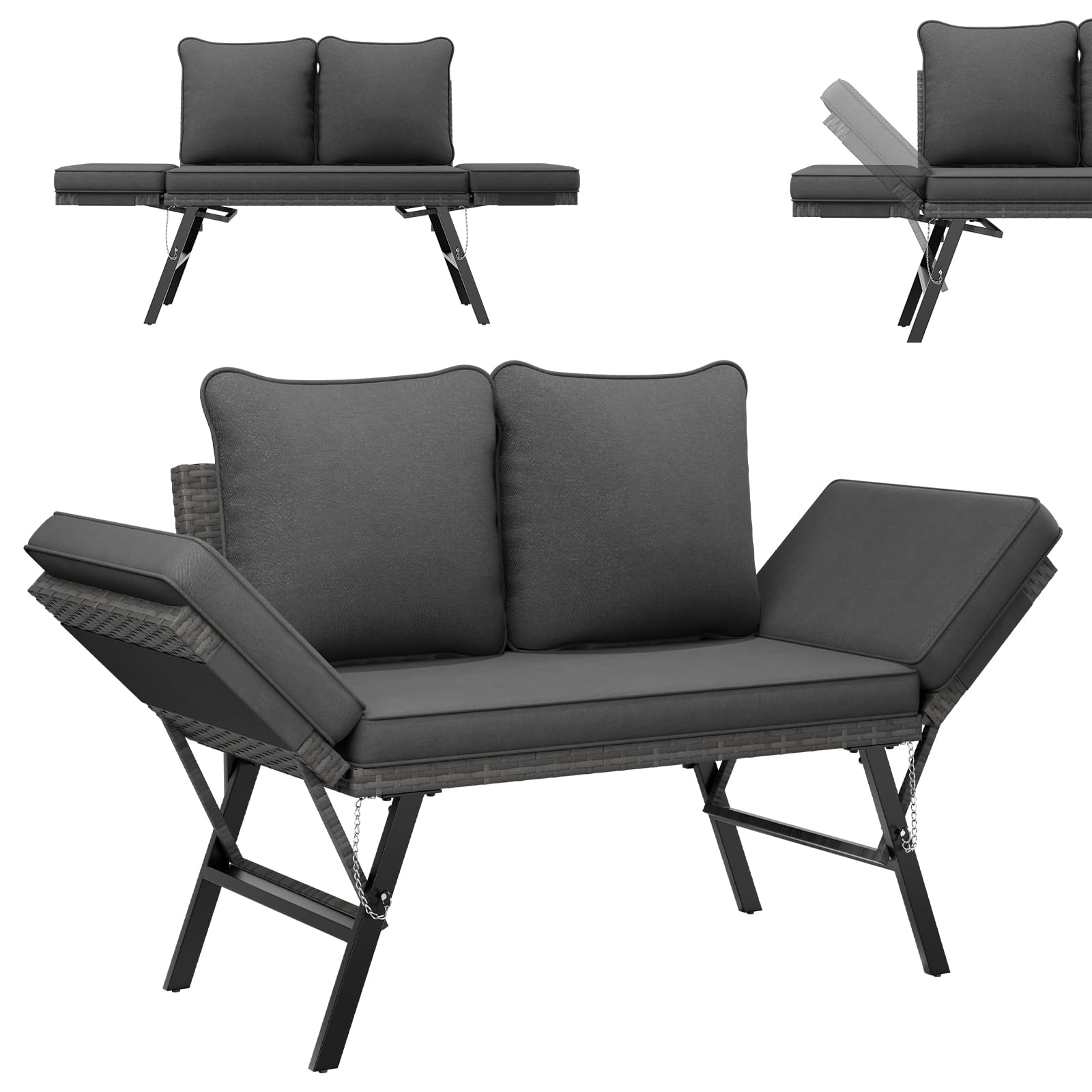 UDPATIO Polyrattan Gartenbank Wetterfest mit Liegefunktion Balkonsofa 3 in 1 Verstellfunktion mit Extra Dicke Sitzpolstern & Kissen für Garten, Balkon,Terrasse - Grau-meliert & Grau Bezüge