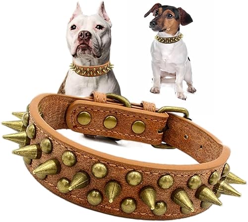 Juego de collar de cuero para perro, Airtag con remaches con tachuelas, collar de bronce vintage para perros pequeños, medianos y grandes, color
