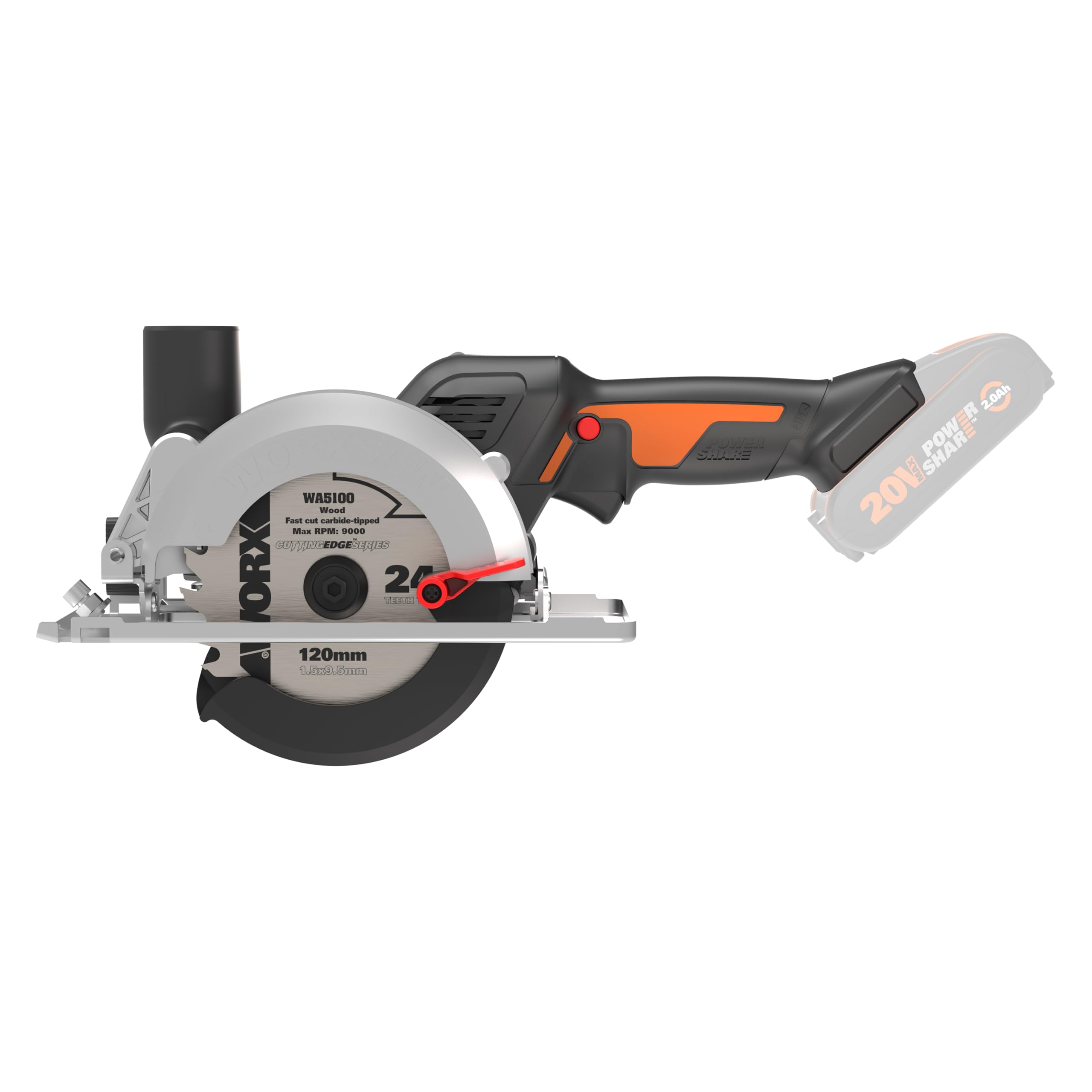 WORX NITRO - Scie Circulaire sans Fil 20V - Moteur Brushless - Scie Multimatériaux - Avec 3 Lames ⌀ 115 mm - Coupe d'onglet 0 – 46° - ⌀ 120 mm - WORX WX531.9 (livrée sans batterie ni chargeur)