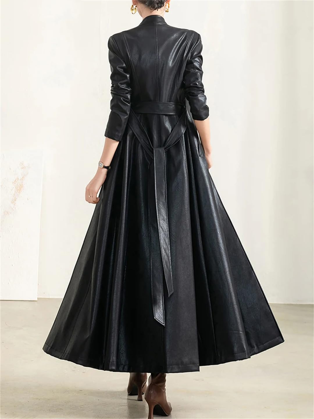 Damen-Mantel für Frühling, Herbst, langärmelig, einreihig, lang, schwarz, Kunstleder, mit Gürtel