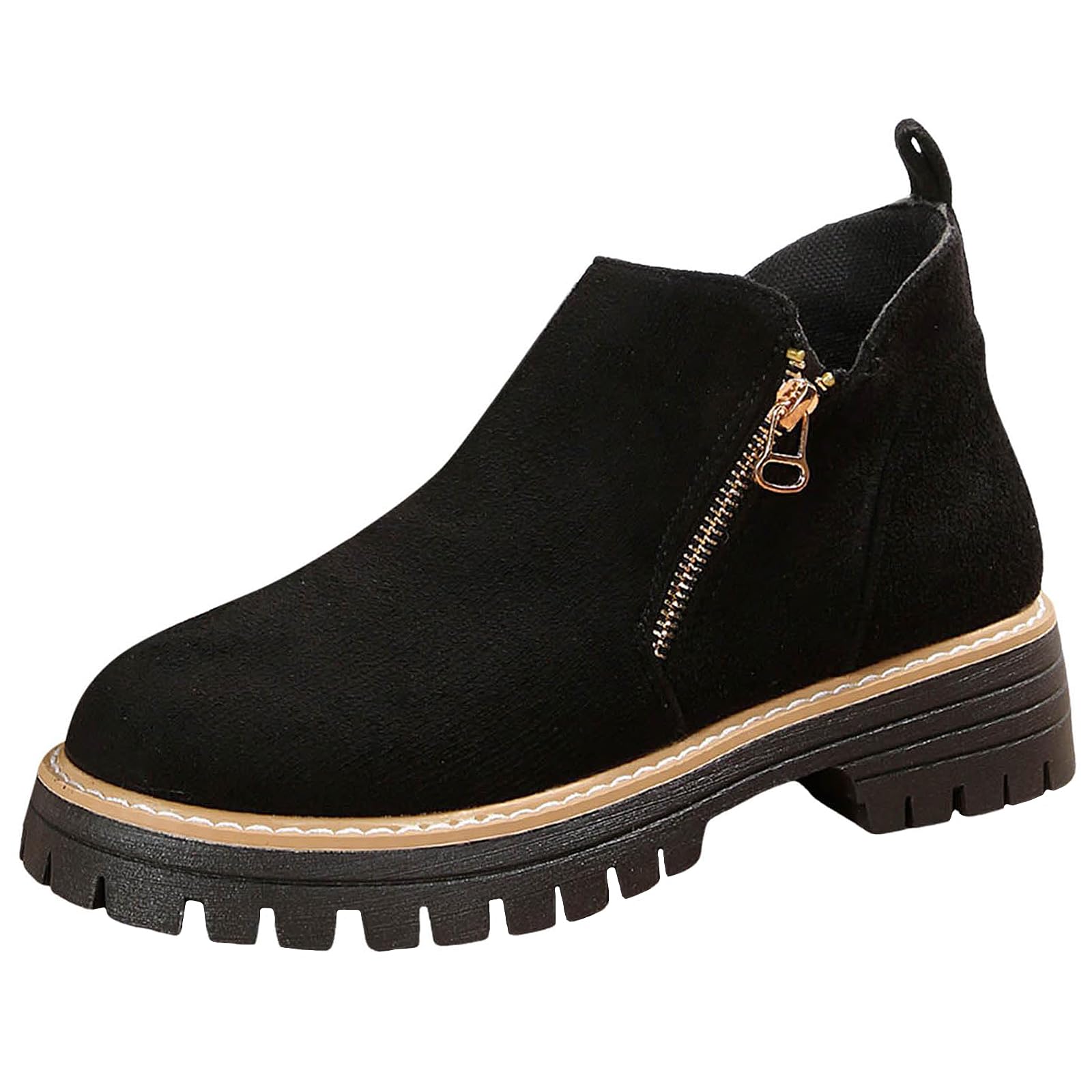 Womens Suede Platform Low Chunky Heel Side Zipper Ankle Boots Comfortable Round Toe Lug Sole Non-Slip Booties Fall