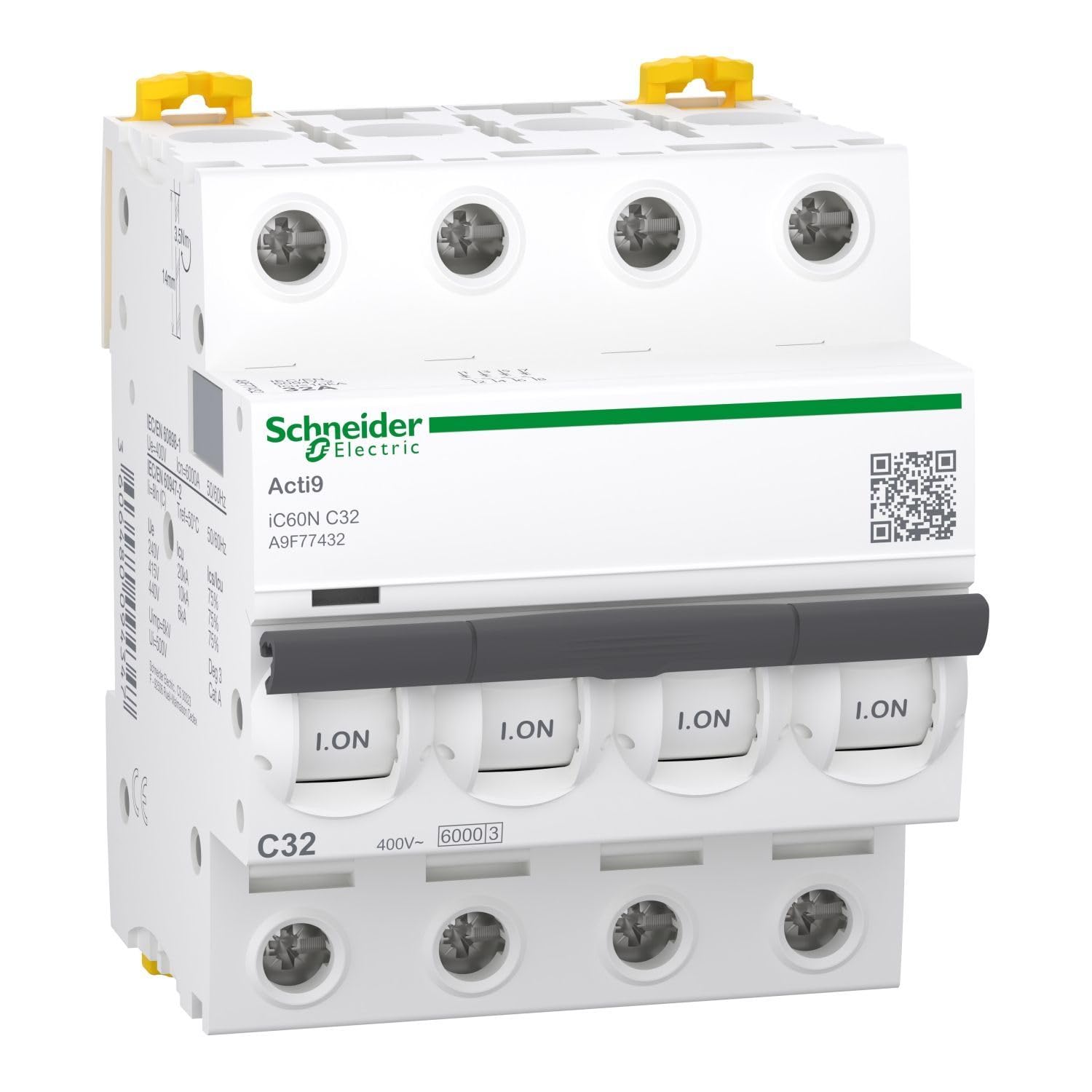 Schneider Electric a9 °F74432 IC60 N disjoncteur, acti9, courbure C, 4P, 85 mm Hauteur X 72 mm largeur X 78.5 mm profondeur, 32 A Courant, 50/60 HZ, Blanc