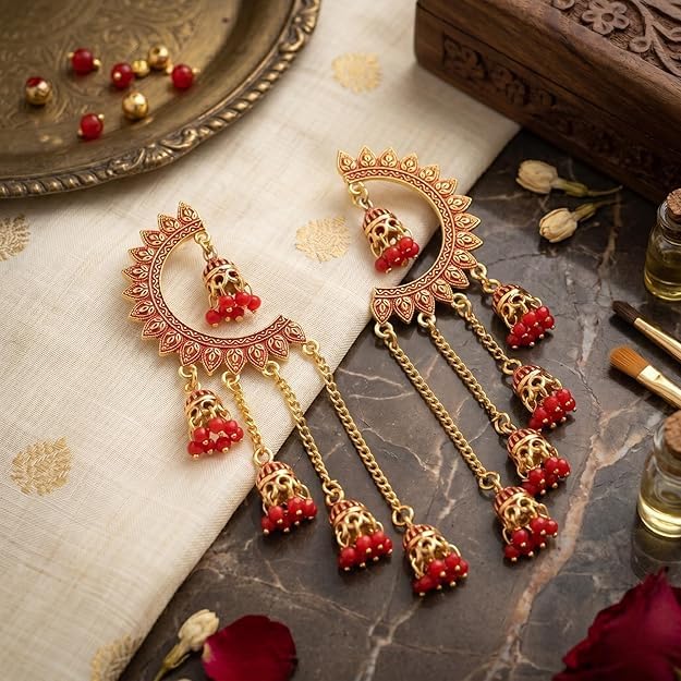 Image of WORLD CRAZE Multicolour long kashmiri jhumka for women chandbali earrings chand baliyan | kashmiri earrings for women | bahubali earrings stylish | Traditional Indian Festive Jewelry | Long Chain Tassels | Pearl Drop Latkan Jewellery (Multi colour)
