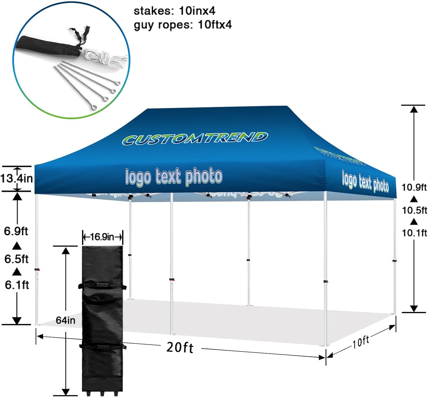 Custom Canopy Tent 10x20 with Logo, Personalized Pop Up Tent Canopy for Tradeshow Outdoor Events Advertising, Roller Bag Included