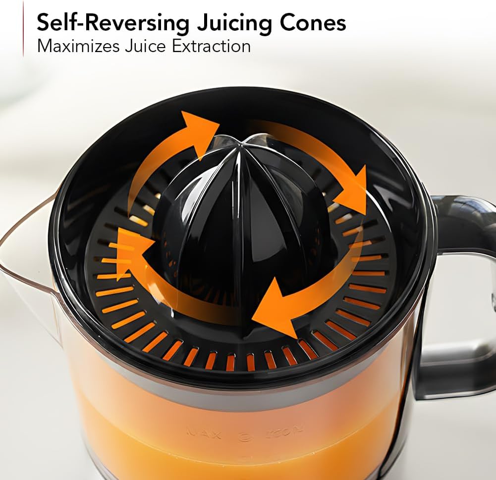 OVENTE Electric Citrus Juicer Machine with 2 Cones for Big and Small Fruit, Pressure Activated, Pulp Control and Easy Pour Spout, Juice Squeezer for Orange, Lemon, Lime or Grapefruit, Black JE2572B