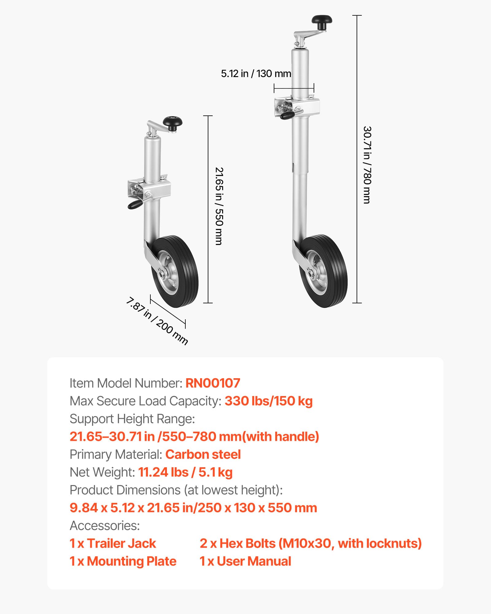 VEVOR Roue Jockey Remorque Charge 150 kg Cric de Remorque à Roue Levage 23 cm Cric de Timon à Boulonner pour Petites Remorques à Bateaux, Chevaux, Utilitaires, Sortie Camping, avec Poignée Ergonomique