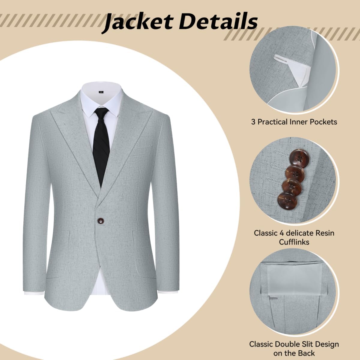 Men's Linen Suit 2 Pieces Slim Fit 1 Button Peak Lapel Suit Blazer Pants Set Summer Beach Wedding Vacation Tuxedo Men