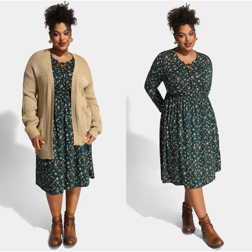 CARCOS Plus Size Dress for Women Tie V Neck Midi Dresses Long Sleeve Boho Dress Elastic High Waist Tunic Dress with Pockets - Image 7