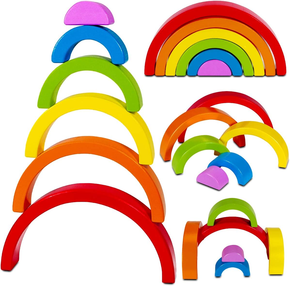 Dreampark Wooden Rainbow Stacking Toy Stacker Nesting Puzzle Blocks Montessori Toys for Toddlers, Color Shape Matching Educational Learning Toys for Kids Boys and Girls 2 3 Years Old and Up