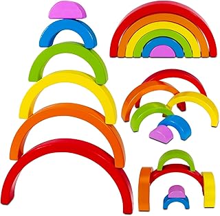 Dreampark Wooden Rainbow Stacking Game Nesting Stacker Puzzle Blocks, Color Shape Matching Educational Learning Toys for Kids Baby Toddlers 2 3 4 5 Years Old and Up (6 PCS)