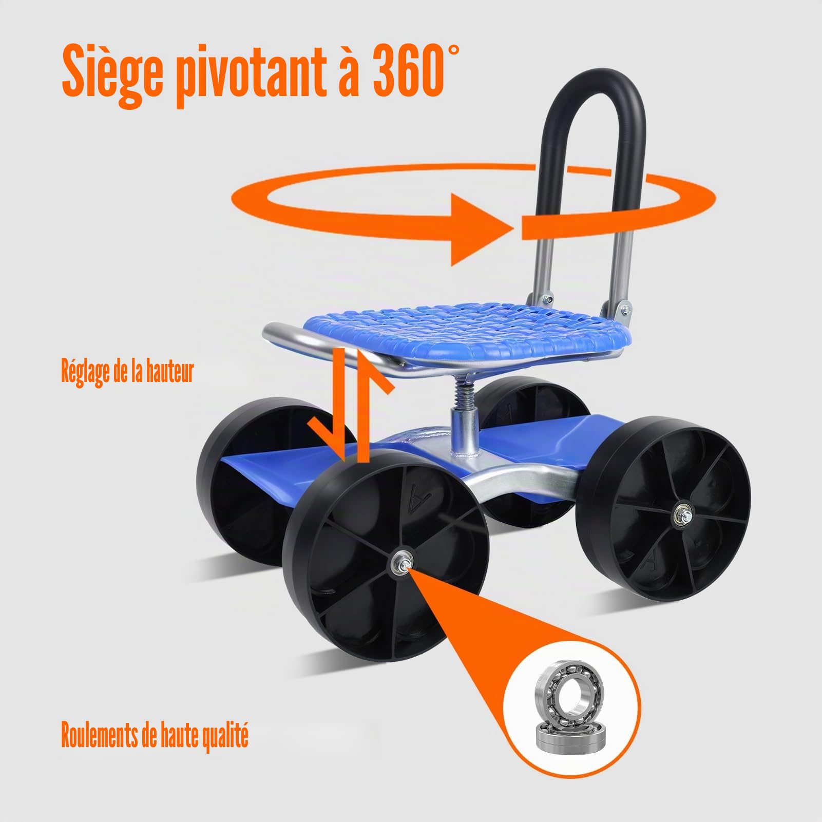 Siège de Jardin à Roulettes Pivotant 360°, Chariot Roulant Avec Siège pour Travaux de Cour, Entretien de Pelouse, Réglable en Hauteur, Tabouret Avec Plateau