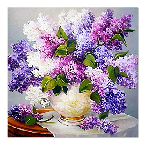 CUFUN Art - DIY 5d Pintura Diamante por número Kits Rhinestone Bordado de Cristal Cuadros Arte del Arte para la decoración del hogar Taladro Completo (Flores moradas, 30x30cm)