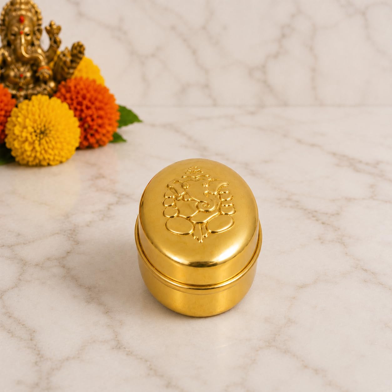 Spillbox Brass Kumkum Box for Return Gift|Haldi Kumkum Holder|Sindoor Box with Lid | Traditional Sindur Dani Box for Pooja, Wedding Return Gifts & Festive Gifting-OVAL -Oval Dabbi brass box