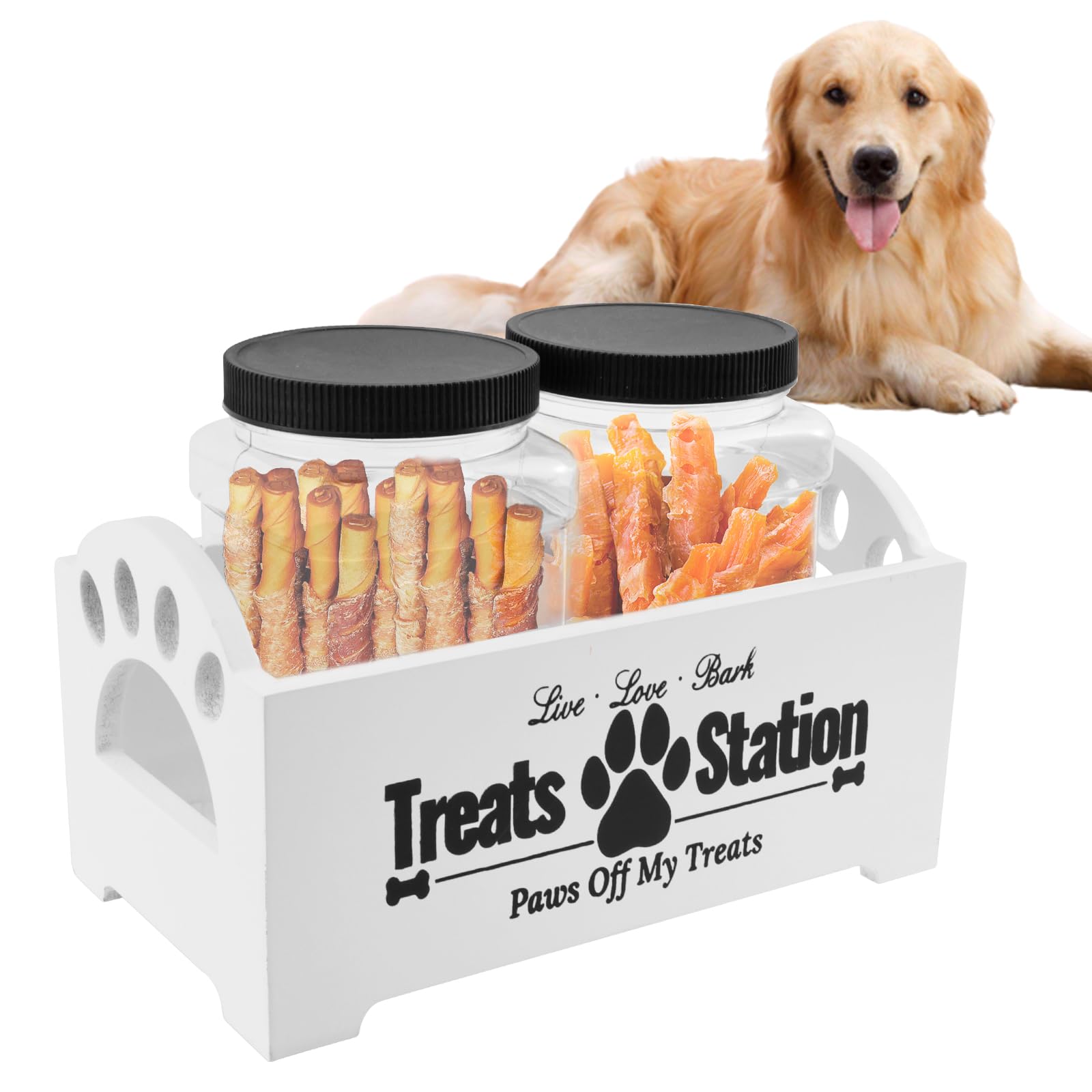 GUIJZSLTRG Large Dog Treat Container, Wood Dog Food Storage Container with 2 Plastic Jars, Farmhouse Wood Cat Treat Container Practical Pet Treat Storage Organizer for Pet Owners and Lovers(White)