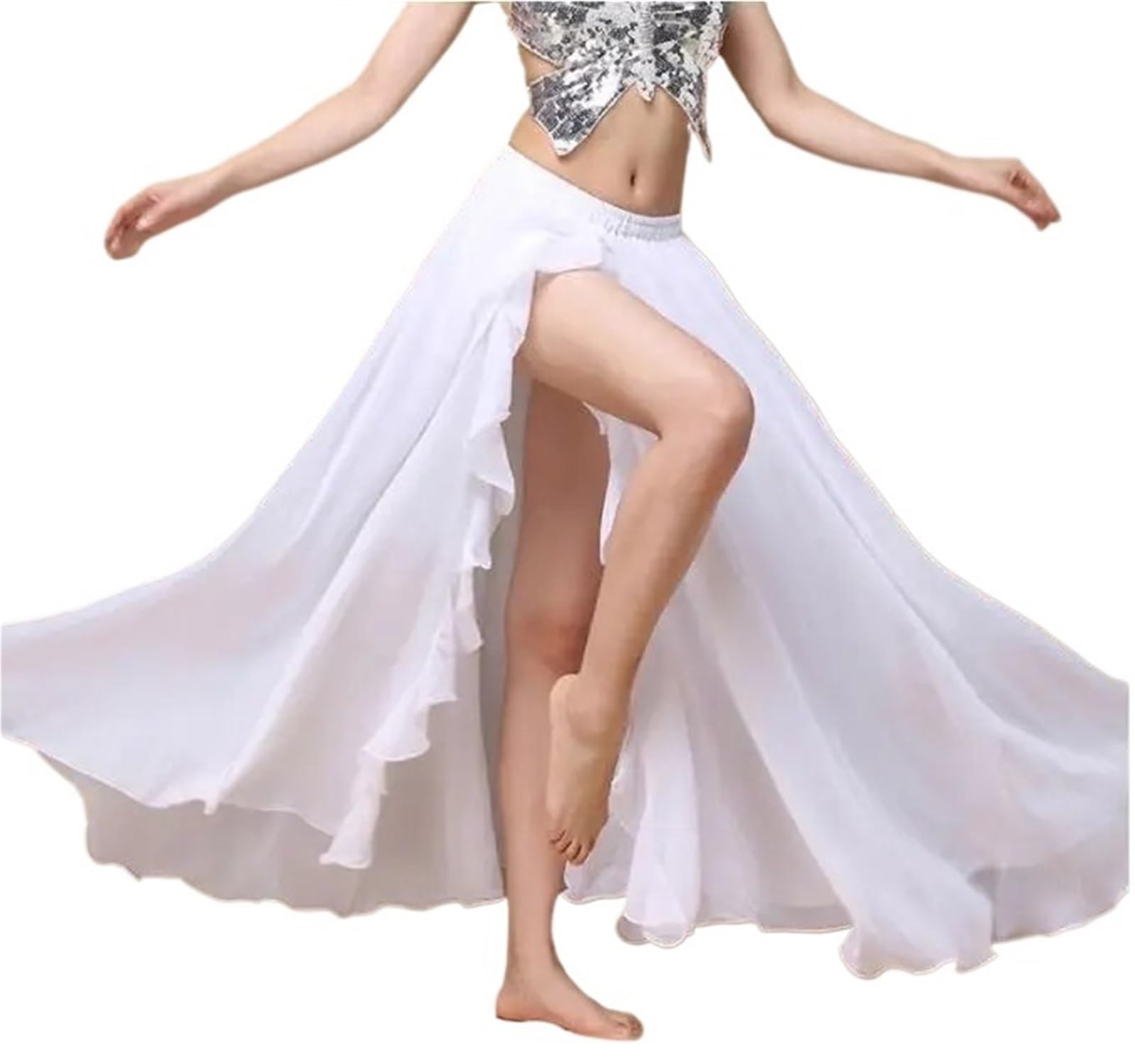 Falda larga de satén blanca para danza del vientre con vuelo elegante