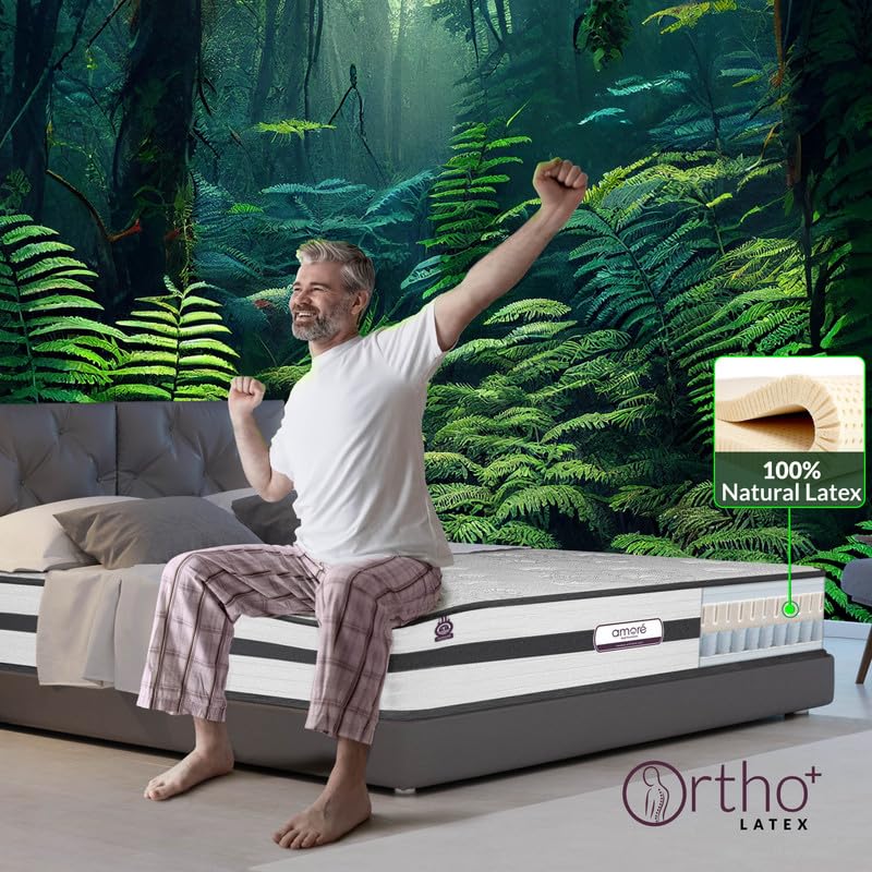 Image of AMORE Orthoplus 8 Inches 100% Natural Latex Pocket Spring Mattress |Single Size (75x30x8) | Soft |7-Zone Motion Isolation|CertiPUR-US Certified HR Foam | CertiGuard Technology