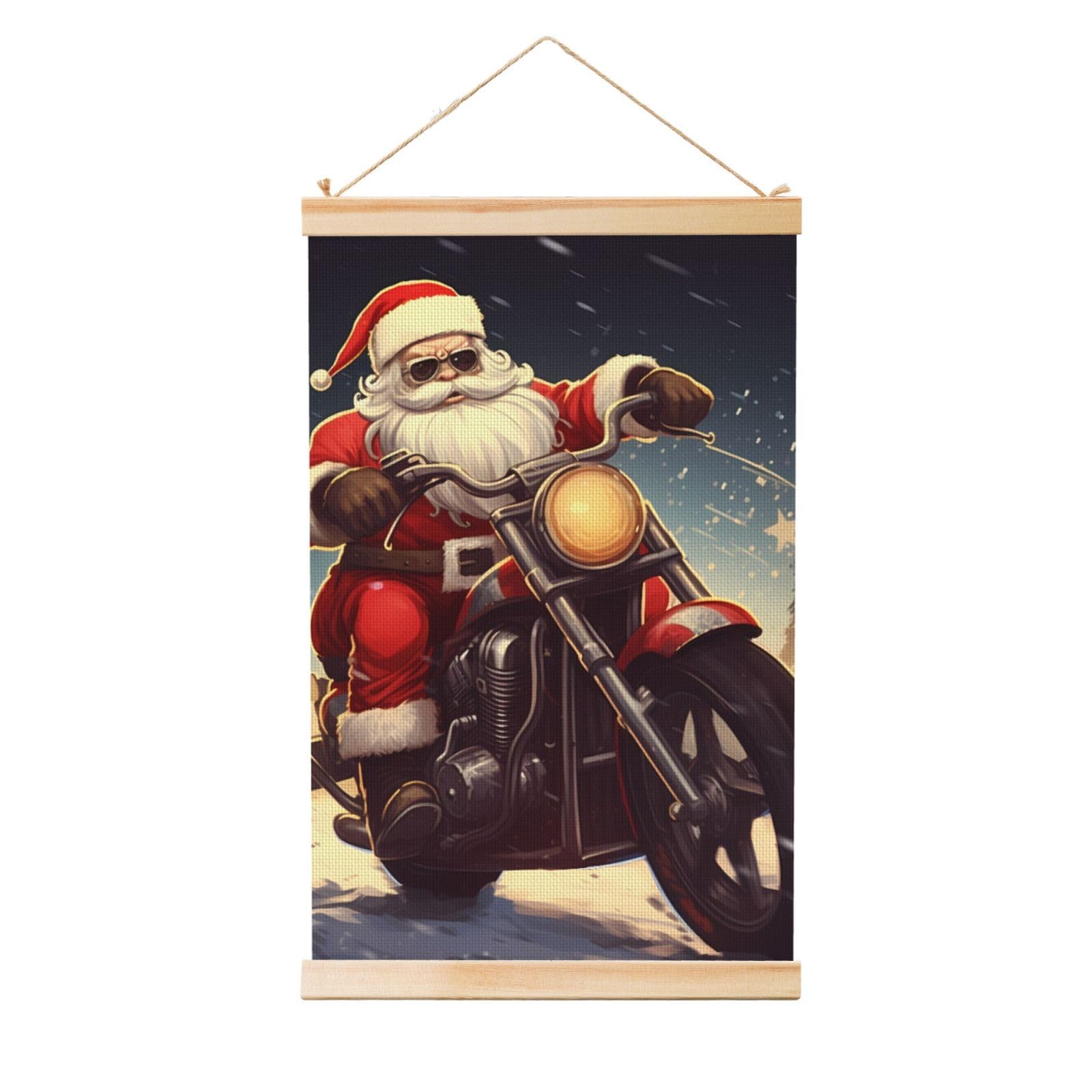 Santa Claus Biker Riding Poster Wooden Shaft Hanging Poster Wall Hanging Banner Canvas Artwork with Wood Frames 36"x24" Modern Artwork Decor Ready to Hang Wall Art for Home Decor Scroll Painting