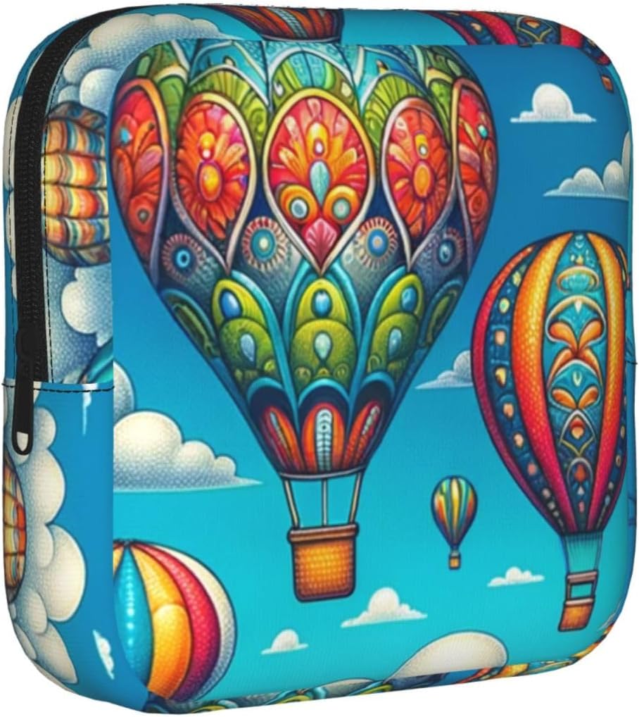 Hot-Air-Balloon Portable Period Pad Pouch for Women, Sanitary Napkin Storage Bag with Zipper for Outdoor Use
