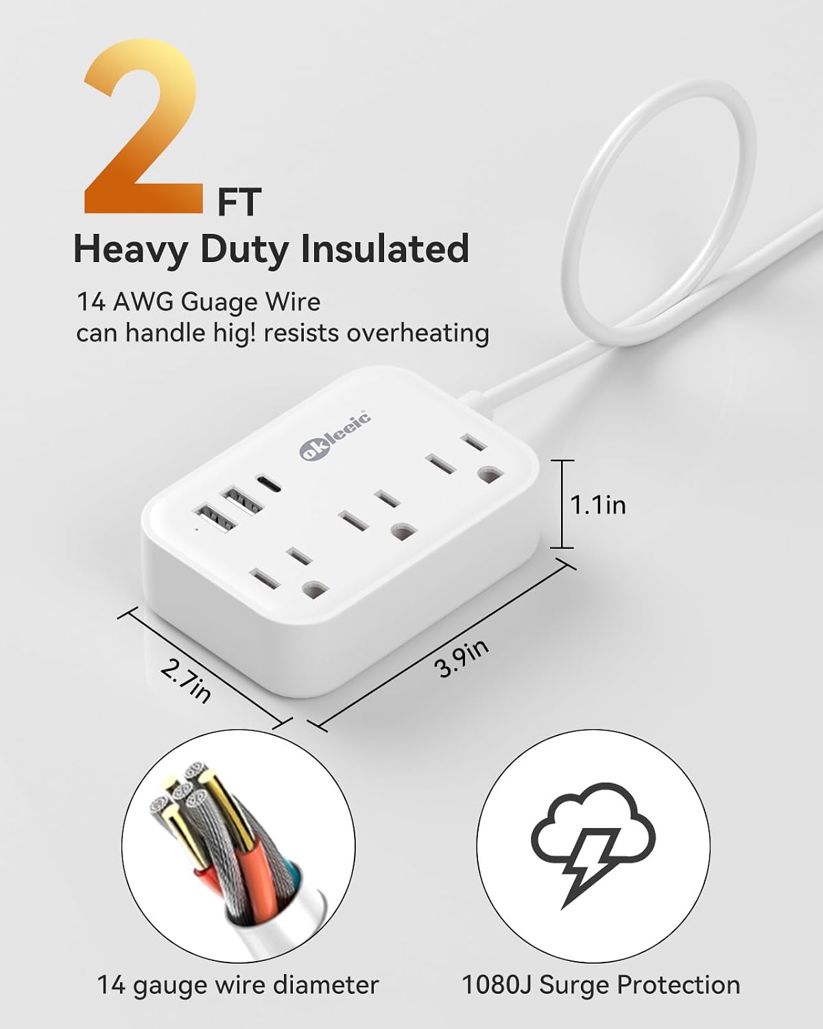 Short Extension Cord 2 Foot - Small Surge Protector Appliance Power Strip, 14 Gauge Heavy Duty Extension Cord with 3 Outlets 3 USB, High Wattage for Microwave, Workbench, Kitchen, Garage Must Have image 2