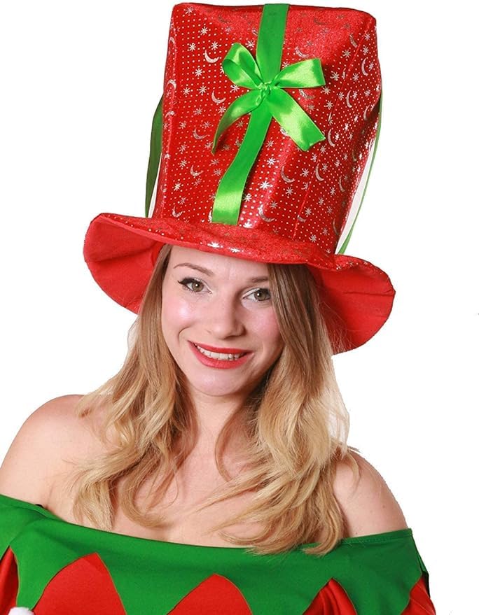 Present Hat for Men and Women - X-Mas Fancy Dress Costume Accessory - Large Novelty Red Hat with Silver Moons/Stars and a Green Ribbon Bow - Pack Of 3