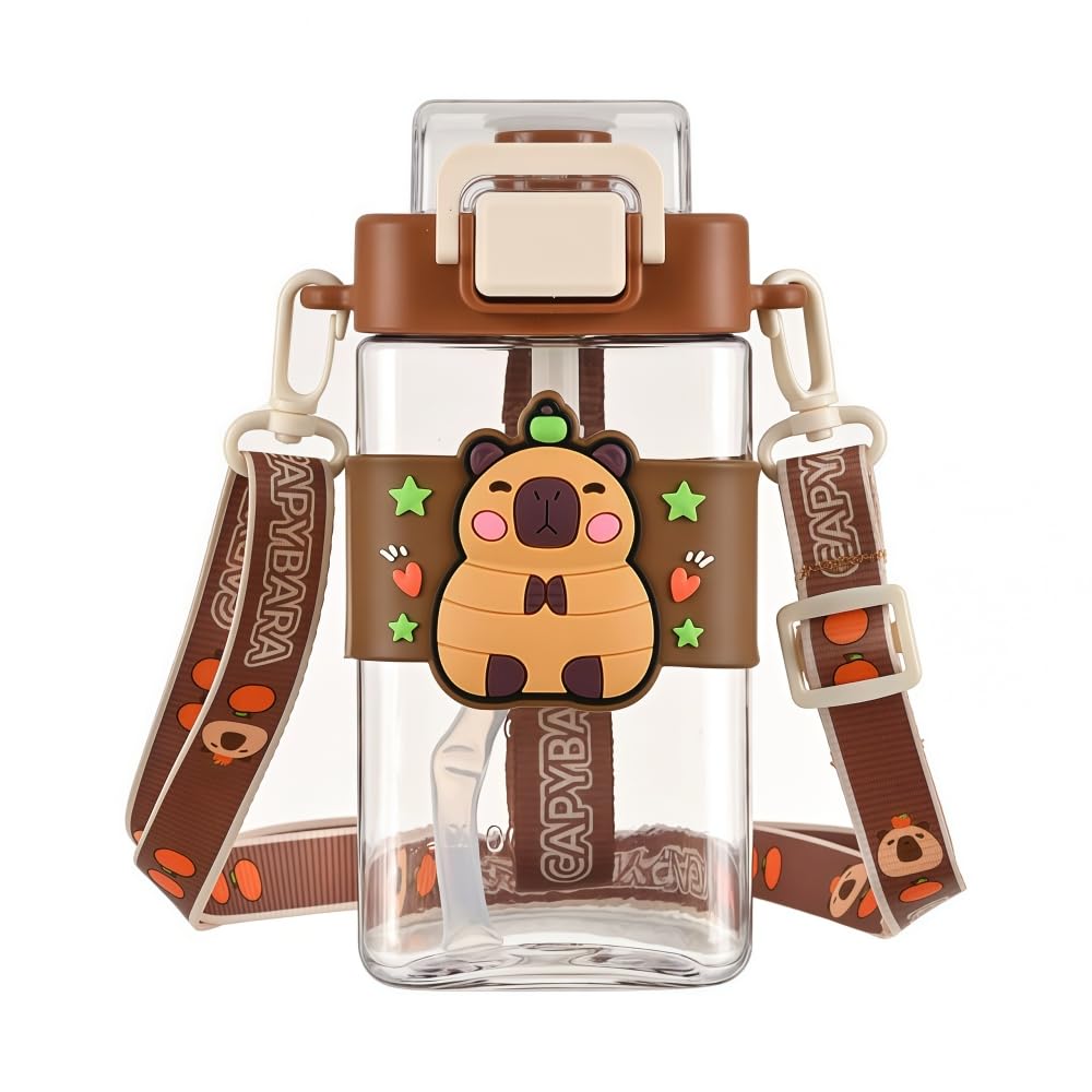 FASHION YO Water Bottle Reusable Kids PP with Two Lids Leak Proof with straw Lid BPA Free Drinking bottle (Capybara 620ML)