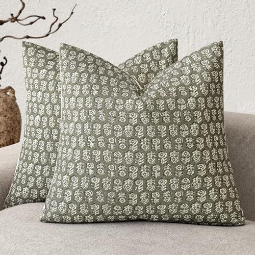 Foindtower Set of 2 Decorative Vintage Floral Print Throw Pillow Covers Neutral Modern Farmhouse Cushion Covers Boho Home Decor for Sofa Chair Couch Bedroom Living Room Outdoor,18×18 Inch,Sage Green