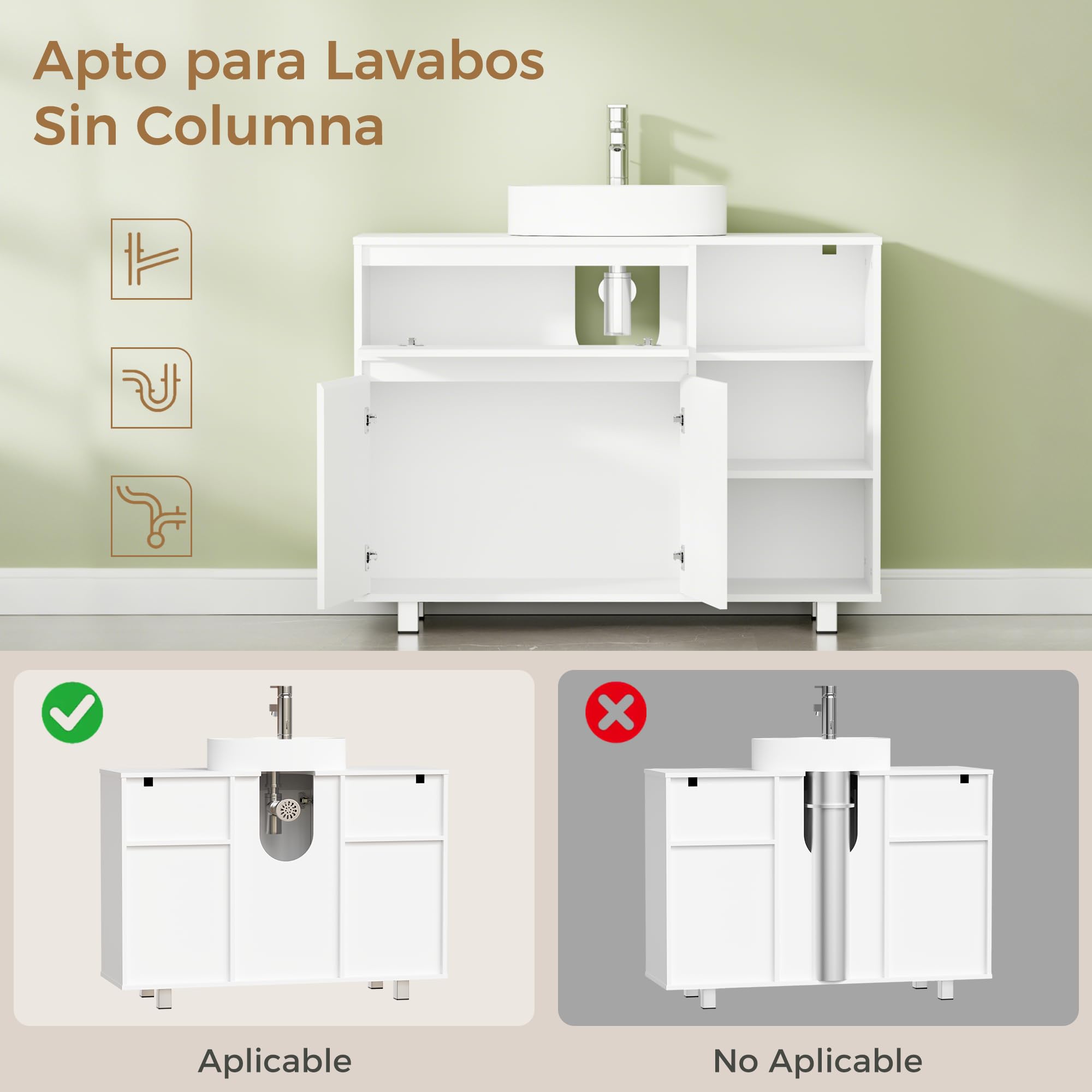 ANWBROAD Mueble Bajo Lavabo,Mueble Baño Auxiliar Armario Baño 64.5x30x90cm | Compartimento de Almacenamiento Oculto, 2 Puertas, 3 Estantes Abiertos Ajustables, Mueble bajo Lavabo con Patas Blanco