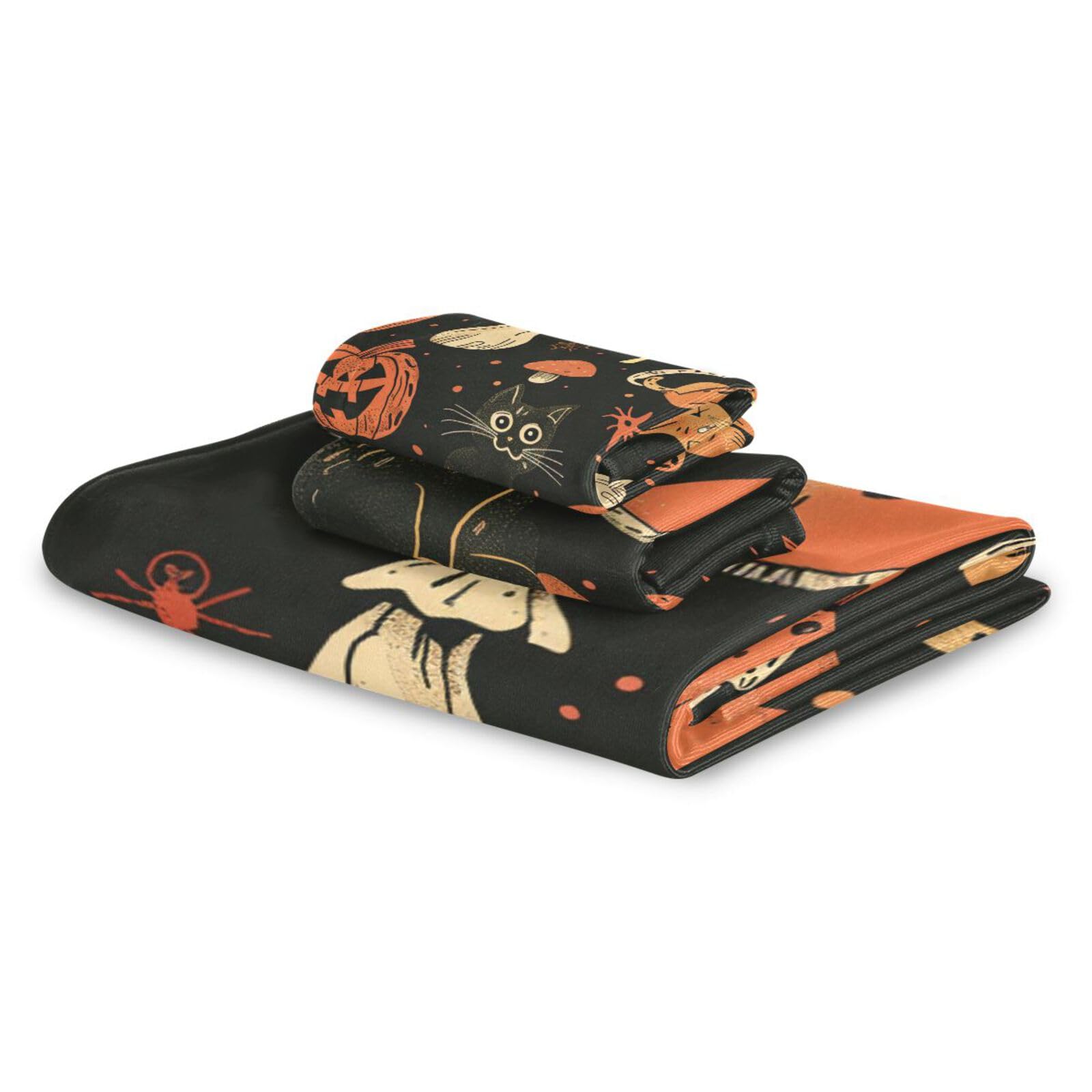 Set di 3 asciugamani per il viso ad asciugatura rapida con gatti, zucche, funghi, per Halloween, 3 pezzi, 1 asciugamano da bagno, 1 asciugamano per mani, 1 panno per la casa, cucina e famiglia